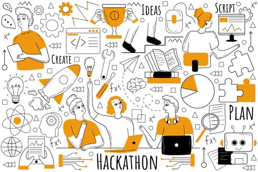 Hackathon doodle set. Collection of hand drawn sketches template patterns of team of programmers web developers designers collaborating on software project. Programming and coding illustration.