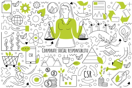 Corporate social responsibility doodle set. Collection of hand drawn templates patterns sketches of businesswoman balancing holding money and tree in hands. Environmental impact of business operations