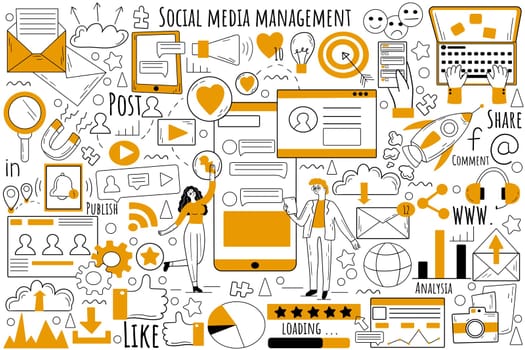 Social media management doodle set. Collection of hand drawn sketches templates patterns of businesspeople publish posts analyzing results responding on comments reaching new customers online. SMM