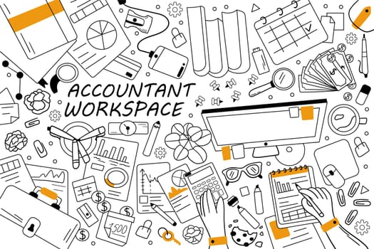 Accountant workspace doodle set. Collection of hand drawn sketches templates patterns of finance business accounting working equipment. Financial occupation data analysis and roi and money growth.