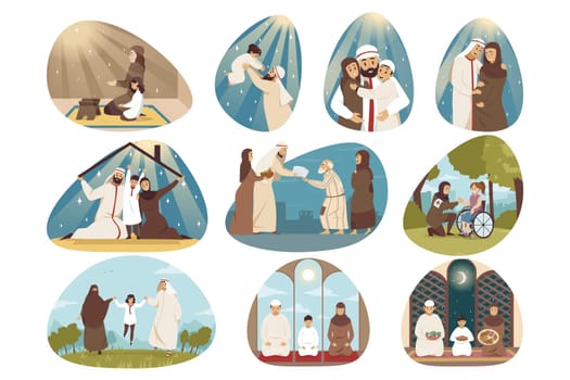 Islam, family, religion set concept. Collection of muslim arab people men women children hugging praying walking together. Fathers and mothers day or islamic traditional Ramadan holiday celebration.