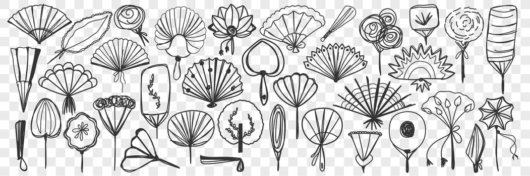 Fan accessories doodle set. Collection of hand drawn various fans of different shapes and styles open and closed isolated on transparent background. Illustration of asian cultural decoration