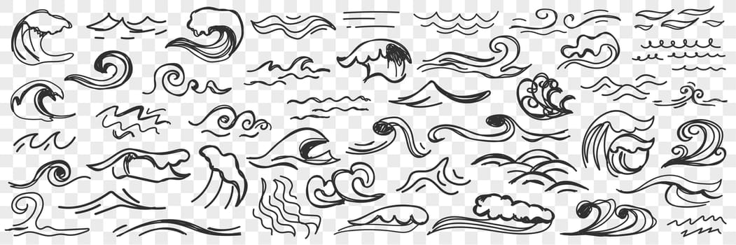 Sea waves on water surface doodle set. Collection of hand drawn ocean and sea waters with waves during storm and gloomy weather isolated on transparent background. Illustration of waves shapes