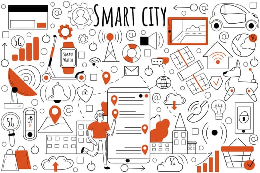 Smart city doodle set. Collection of hand drawn sketches templates patterns of people collecting data from urban activity communication and IoT technology. Infrastructure technological development.
