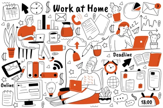 Work at home doodle set. collection of hand drawn sketches templates patterns of people freelancers sitting working at computer remotely from house. Business occupation freelance free lifestyle