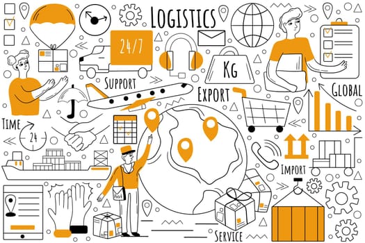 Logistics doodle set. Collection of hand drawn sketches templates patterns of transportation and distribution of goods. Inventory management and export cargo delivery service illustration