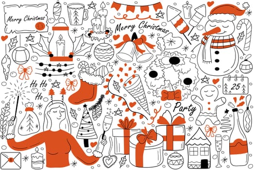Merry Christmas doodle set. Collection of hand drawn sketches template patterns of chirstianity holiday new year symbols santa claus snowman. Winter and Jesus Christ birth celebration illustration.