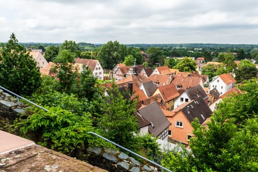 Zwingenberg Cityscape with roofs of old town during a cloudy day