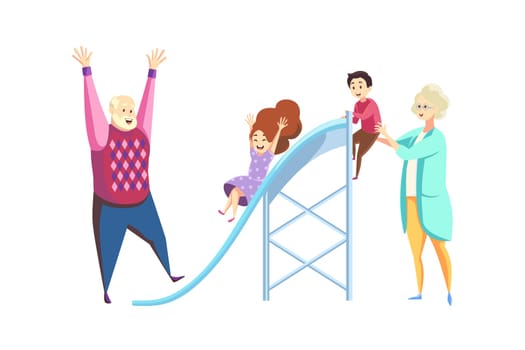 Fun, rest, young and older generation concept. Cartoon characters old man grandfather and woman grandmother with children kids grandson granddaughter go down slide together. Happy family recreation.