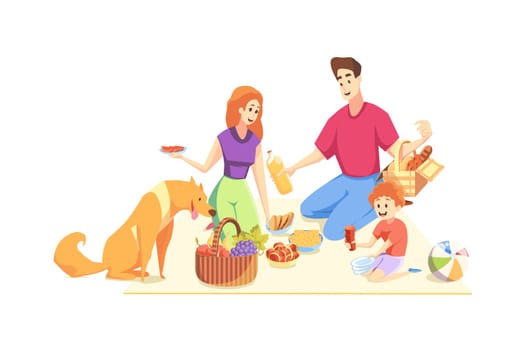 Rest, picnic, family, fatherhood, motherhood, childhood concept. Young man woman father mother, child son and pet dog relax on picnic at holidays together. Happy household leisure time illustration.
