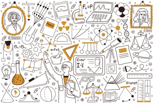 Physics doodle set. Collection of hand drawn templates sketche patterns of man physicist explaining physical laws formulae and holsing equipment tools for tests. Back to school education illustration.
