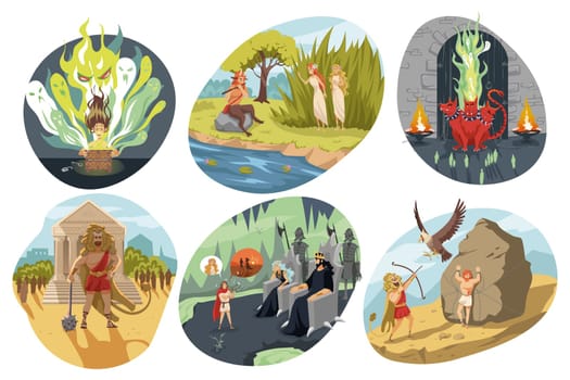 Mythology, Greece, religion set concept. Mythological religious ancient greek series of demigod Heracles free Prometheus or poet Orpheus in Hades Underworld and opening of Pandora box illustration.