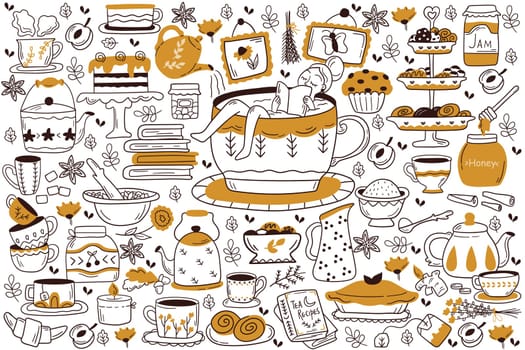 Drinking tea doodle set. Collection of hand drawn sketches patterns templates of woman drinks hot beverages coffee with cake sugar lemon and cookies. Energy drinks with caffeine outline illustration.