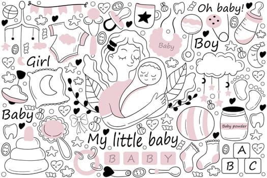 My little baby doodle set. Collection of hand drawn sketches templates drawing patterns of mother holding hugging child girl boy toddler. Motherhood or mothers day and childhood illustration.