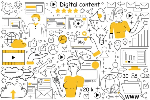 Digital content doodle set. Collection of hand drawn sketches patterns of people creating promote interactive products for engaged audiences and value for customers. Visual marketing technologies.