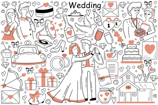Wedding doodle set. Collection of hand drawn sketches templates patterns of man groom woman bride dancing in marriage ceremony at church together. Engagement party and celebration outline illustration