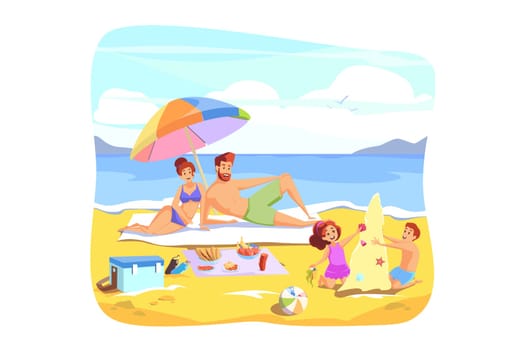 Summer vacation, rest, family holiday concept. Happy young father mother with children kids son daughter tourists travelers on holiday rest sandy beach together. Summer vacation at sea or ocean coast.