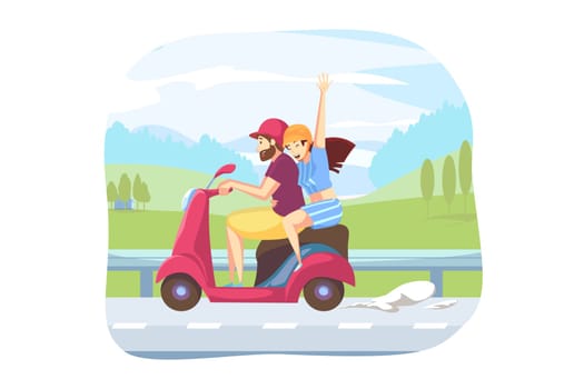 Fun, driving, road traveling concept. Young happy couple in love man woman boyfriend girlfriend travelers tourists riding scooter or motorcycle together. Vacation trip active lifestyle and recreation.