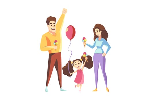 Fatherhood, motherhood, family, holiday concept. Young man father and woman mother with ice cream balls with child kid daughter with air baloon standing together. Leisure time happy household vector.