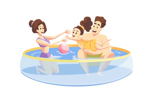 Fatherhood, motherhood, family, fun concept. Cartoon characters young man father woman mother with child kid daughter play with rubber ball in inflatable pool together. Leisure time of happy household