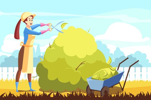 Agriculture, gardening, trimming, volunteering concept. Young happy woman or girl farmer working at nature, cutting bushes leaves with scissors at countryside. Rural volunteering vector illustration.