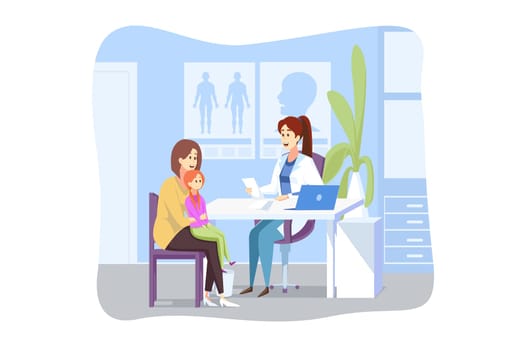 Motherhood, childhood, examination, medicine concept. Young woman mother with child kid daughter cartoon characters sit in doctor pediatrician cabinet at hospital. Healthcare and medical appointment.