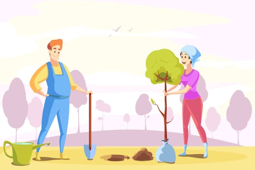 Couple, agriculture, gardening, nature concept. Young happy man woman boyfriend girlfriend farmers working at nature together, planting tree saplings at countryside. Rural volunteering illustration.