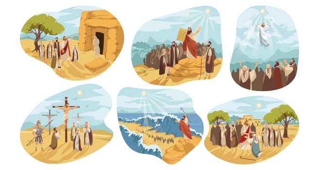 Religion, christianity, Bible set concept. Biblical religious Old and New Testament series of Jesus Christ son of God crucifixion ressurection. Moses prophet gives people Ten Commandments illustration