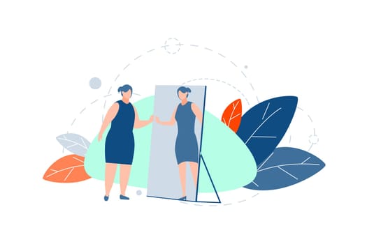 Loss of weight, motivation, diet concept. Fat obese thick woman looking in mirror, decided to sit on diet. Motivation to look thin or slim. Illustration of loosing weight. Simple flat vector