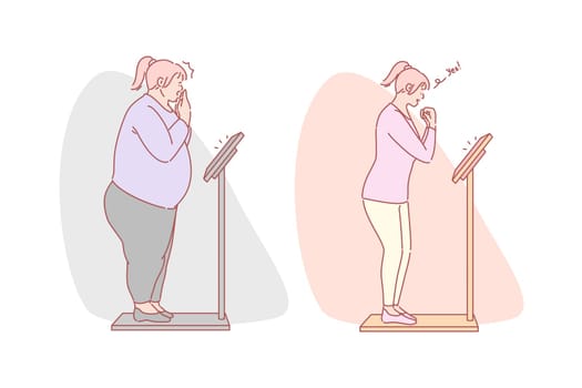 Weight loss, diet, fitness set concept. Fat obese woman stands on scale terrified by big weight. Happy girl is happy about losing weight because of diet fitness. Before and after. Simple flat vector