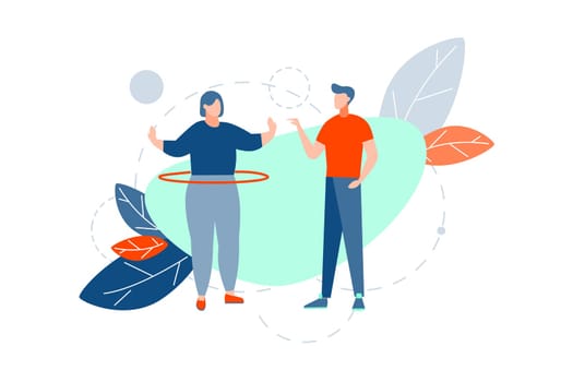 Fitness, loss of weight, workout concept. Fat thick woman is doing sport activity, spinning hoop at gym. Young strong man, boy coach is helping obese girl to lose her weight. Simple flat vector