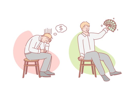Poverty and wealth set concept. Hard working sad business man bankrupt thinks about earning money. Happy boy clerk manager enjoys money profit or winning lottery. Before and after. Simple flat vector