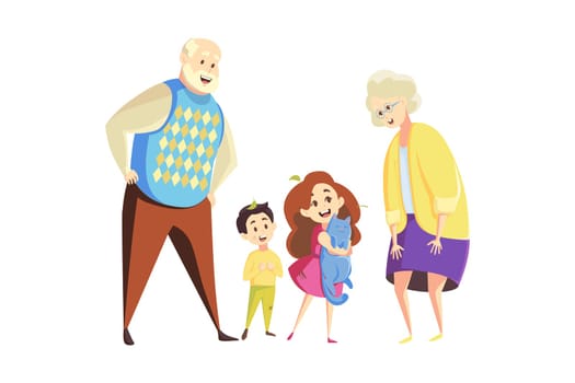 Young and older generation concept. Cartoon characters man grandfather and woman grandmother with children kids grandson granddaughter with cat pet stand together. Happy family vector illustration.