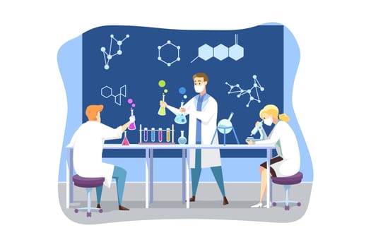 Science, coronavirus, chemistry, medical vaccine concept. Team of men and woman doctors in medical face mask creates vaccine from COVID19. Scientific test and academic research 2019ncov infection.