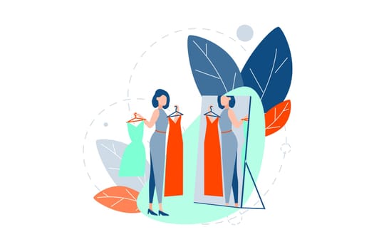 Choice, fashion, shopping concept. Fashionable woman is standing looking in mirror at her reflection. Girl does shopping, choose between dresses on date evening. Choice of clothes. Simple flat vector