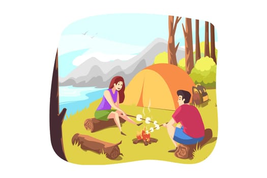 Nature, travelling, hiking, camping, tourism concept. Couple in love boyfriend girlfriend backpackers tourists sit by fire, frying marshmellow together. Vacation trip active lifestyle and recreation.