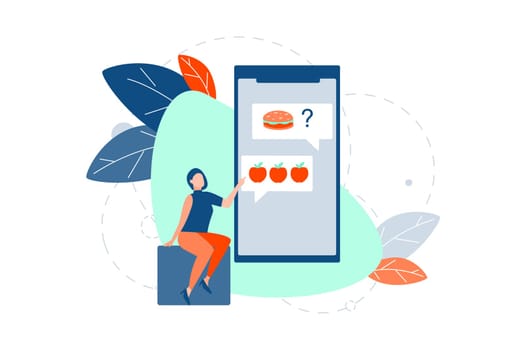 Fast or junk food, health nutrition lifestyle, healthcare concept. Woman vegan vegetarian decide to lose weight, refuse from junk food. Girl likes healthcare, healthy nutrition, denies from burger.