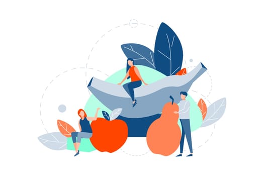 Healthy food or nutrition, vegetarian concept. people sit, hold and stand near big fruits, banana, apple, pear. Fitness and diet. Men and women eat eco food, health nutrition. Vegan lifestyle. Vector