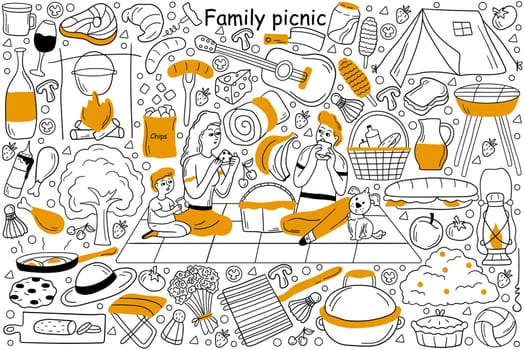 Family picnic doodle set. collection of hand drawn sketches templates patterns of man father woman mother with children having outing in city park. outdoor dining joint recreation outline illustration