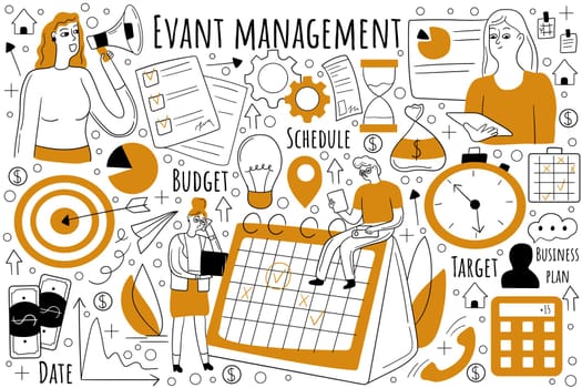 Event management doodle set. Collection of hand drawn templates patterns sketches of businessman woman discussing plan budget of business conference or schedule event. Marketing analysis illustration.