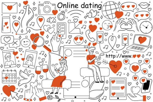 Online dating doodle set. Collection of hand drawn sketches temlates patterns of man boyfriend woman girlfriend finding love and communicating via internet social network. Relationshps on distance.
