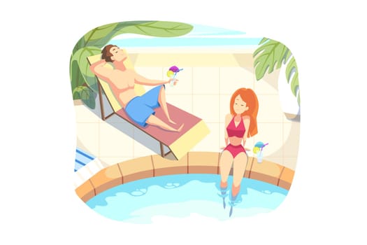 Summer vacation, holiday, rest concept. Couple in love boyfriend girlfriend tourists travelers on holiday rest together at hotel swimming pool with cocktail. Summer vacation at sea or ocean resort.