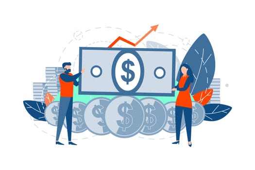 Dollar, rate, growth, business concept. Youn business people, man and woman, manager and clerk are holding big dollar. Exchange rate growth. Business investments. Financial support, teamwork.