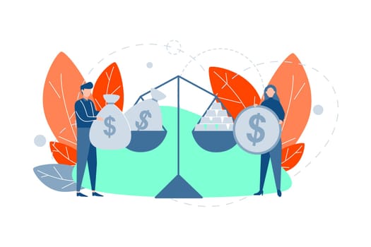 Money counting, dollar, balance business concept. Young business people couting money, cash, coins, business investment. Boy and girl, clerk or manager team weigh money bags and bars of gold on scale.