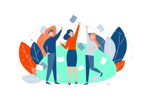 Team, coworking, success, business concept. Business people colleagues, managers came to success coworking at office. Illustration of goal achievement, businesswomen man clerk partnership. Flat vector