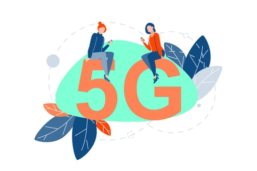 5g Internet communication concept. Women are sitting on big 5g letters. Girls are using modern Internet, digital technologies, mobile phones devices for communication. Modern innovation. Flat vector