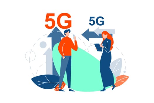 5g connection, modern communication concept. Man and woman use modern digital innovative technologies together. Boy and girl are standing under 5g letter with mobile phone and tablet. Flat vector