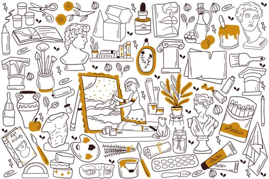 Painting doodle set. Collection of hand drawn sketches templates patterns of woman girl artist painter with easel and paintbrush drawing pictures on canvas. Creative occupation and art illustration.
