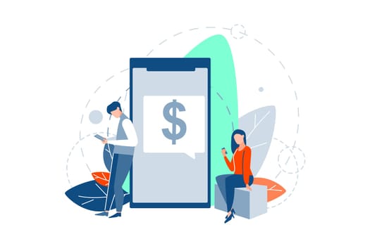 Online payment, investment, business concept. Young businessman and business woman freelancers are making dollar online payment, using communication devices. Money investment. Business deal.