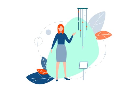 Modern art exhibition, design concept. Young woman or girl is standing and showing at abstract installation or exposition at museum. Modern installation at exhibition at art gallery Simple flat vector